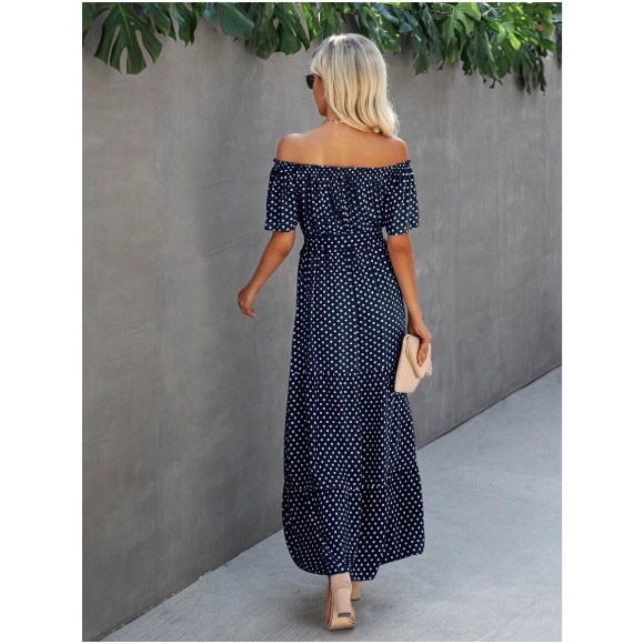Boho Navy Blue Belted Off The Shoulder Maxi Dress - Picture 4 of 4